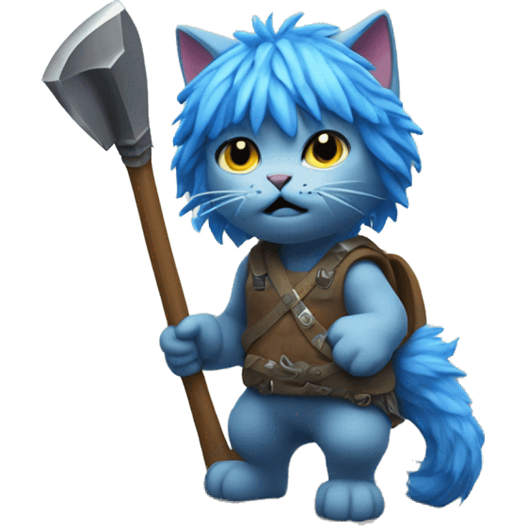 Cat with blue wig and axe climbing on a mountain  emoji