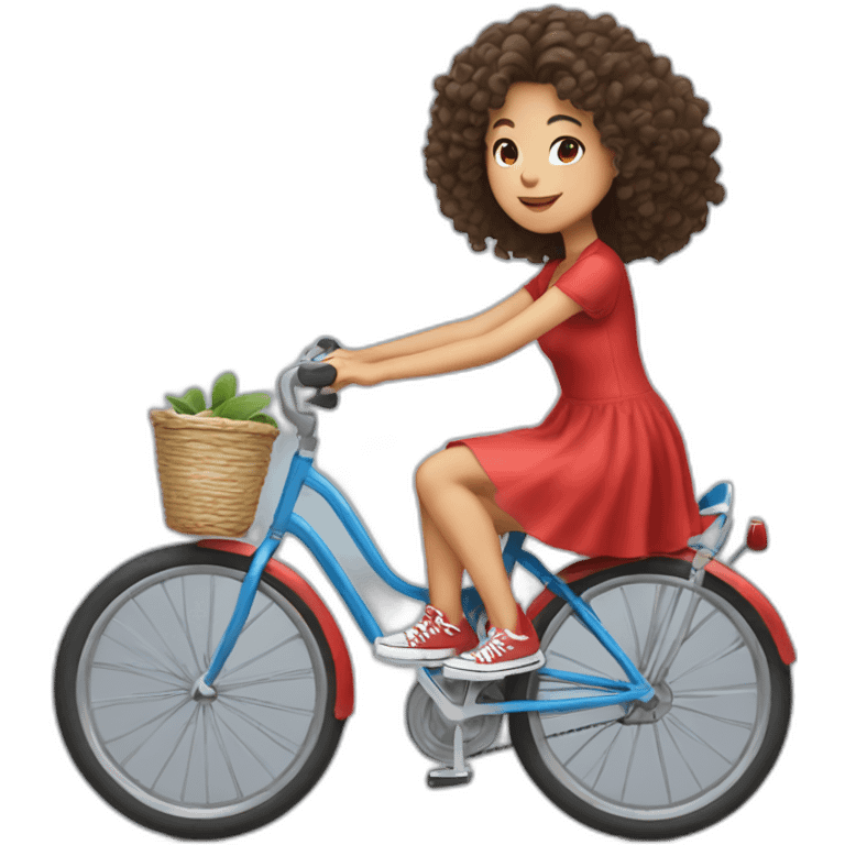 Taiwanese girl with lazy curly hair wearing red dress and converse shoes riding bicycle emoji