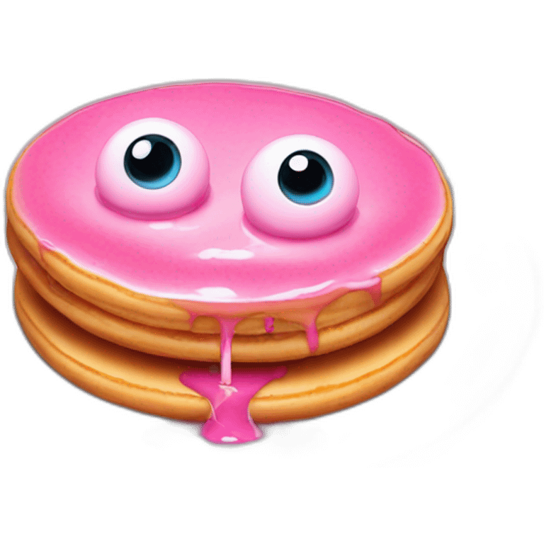 Pink small pancake with candle, and two eyes in the glaze, two teeth crawling out from under the glaze emoji