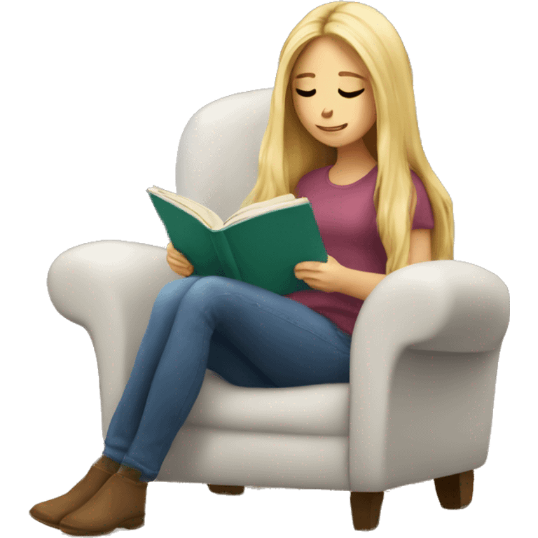 long hair white girl reading a book in cozy chair  emoji