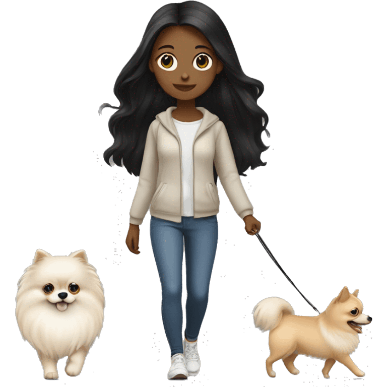 pale girl with long black hair walking with pomeranian emoji