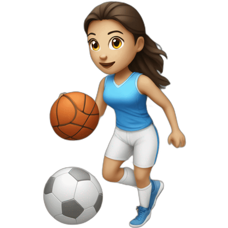 White skin brunette female playing football with very small basket ball emoji