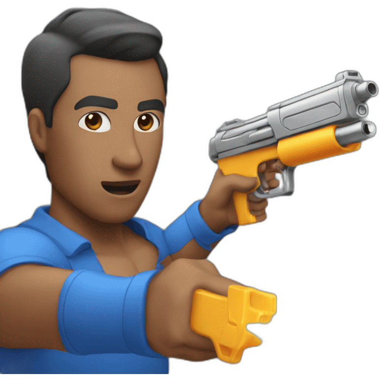 Man pointing watergun at POV emoji