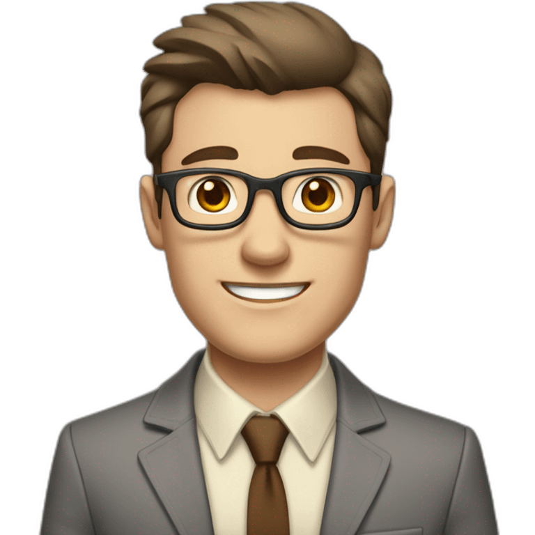 To belt Actively gesturing with hands Pale skinned fit man with dark brown hair in gray jacket, beige office shirt, brown tie, brown pants and vintage glasses. emoji