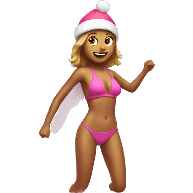 Girl surfing in pink bikini with pink Santa hat on emoji