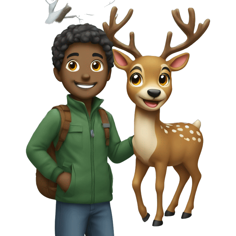 smiling boy outdoors by tree with Christmas rendeer emoji