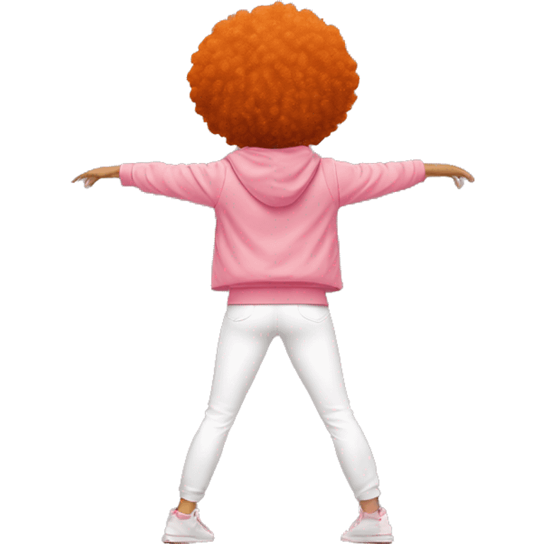 Tan girl with orange afro, in white pants, pink baggy jacket, doing split, rear view emoji