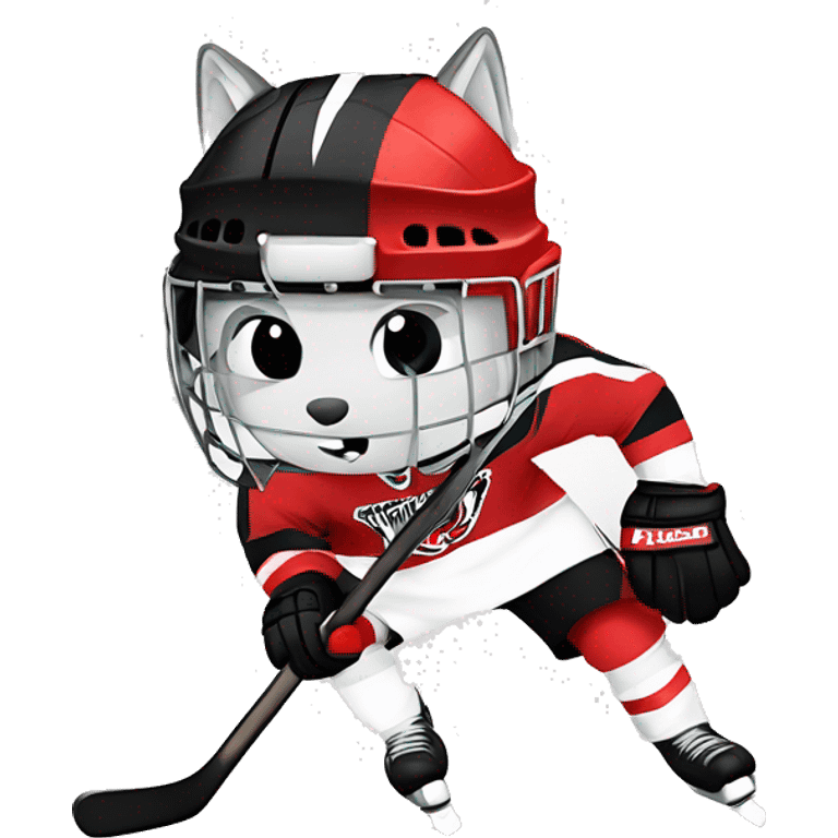 A wolf hockey player in a white red and black uniform holds a puck emoji