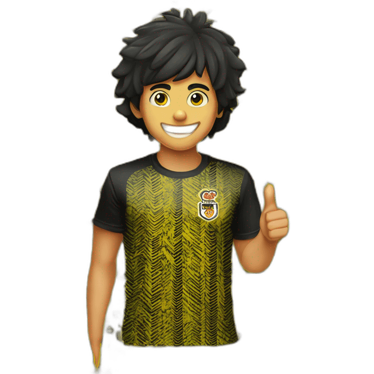 Football Club Supporter yellow and black pattern t-shirt Hyderabad Fc logo on T-shirt thumbs up indian boy black hair half body emoji