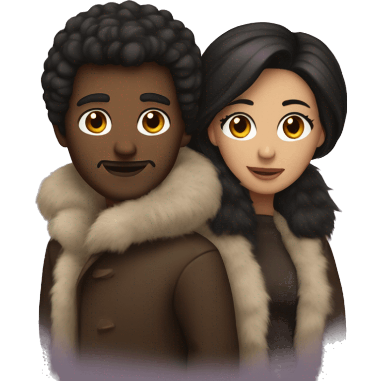 Dark haired couple in long fur coats emoji