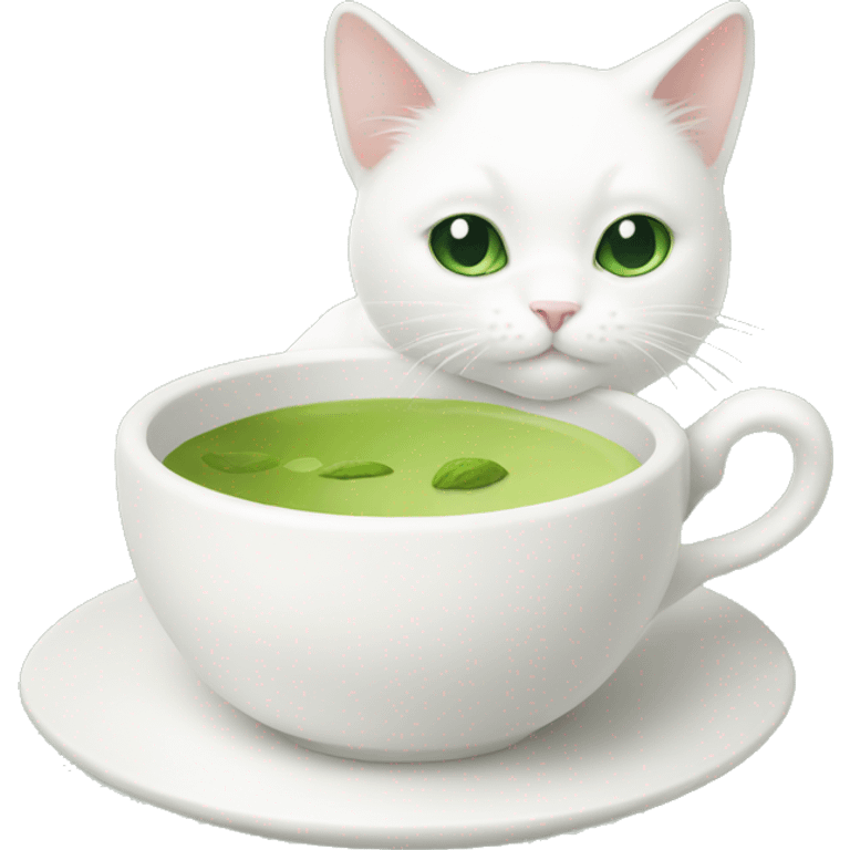 white cat with matcha tea cup emoji