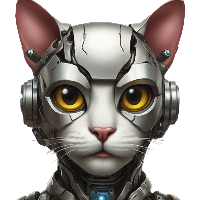 Cyborg cat in Iron Man style, oil paint, mysterious eyes, intricate lips, masterpiece portrait , odd perspective, beautiful, desirable, logical emoji