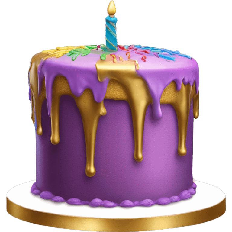 Realistic isolated colorful cake with metallic gold icing dripping from top and all down along the cake emoji