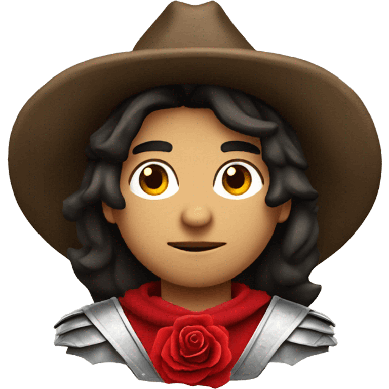 canela skin boy dark hair musketeer with hat and red rose shoulder medieval cape and sword and red feathers in the hat emoji