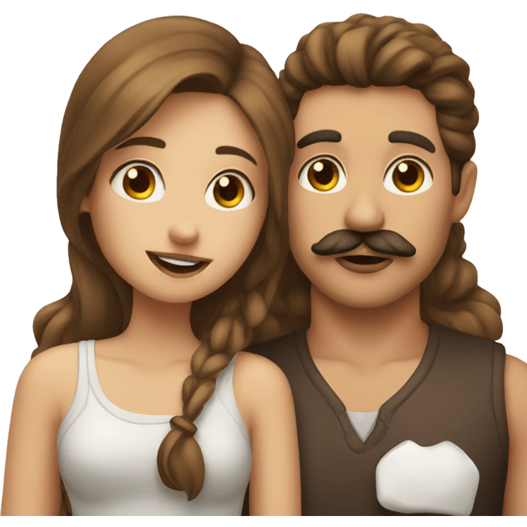 Guy with mustache kissing girl in brown hair emoji