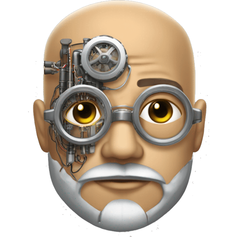 Tan bald male Latino cyborg head with grey beard, silver steampunk monocle goggles and circuits emoji