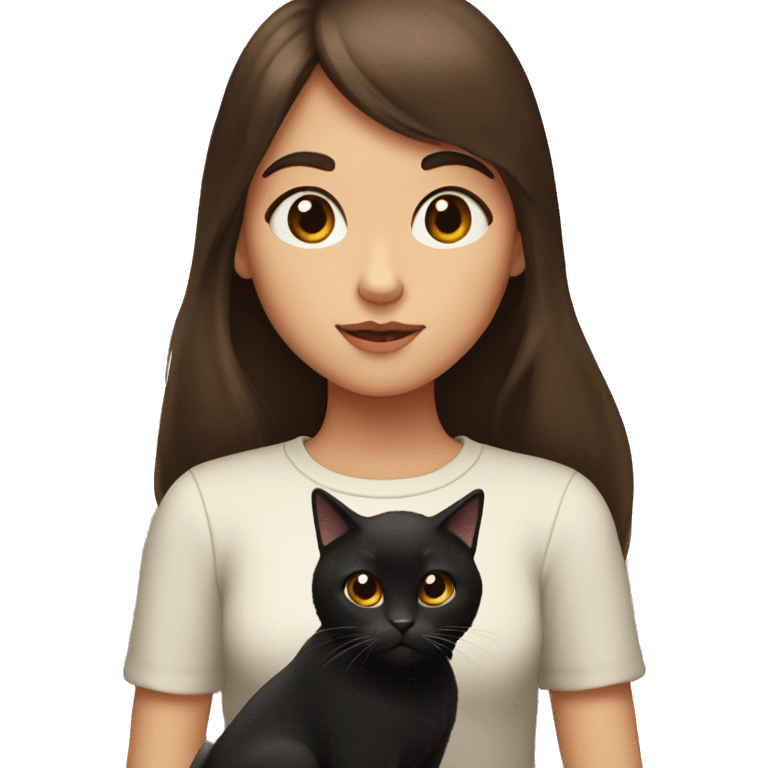 A girl with brown hair and brown eyes and bangs holds a black cat in her hands and looks at her emoji