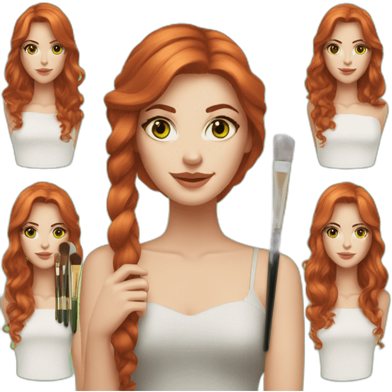 Red medium hair, White woman with makeup brushes in hand, green eyes emoji