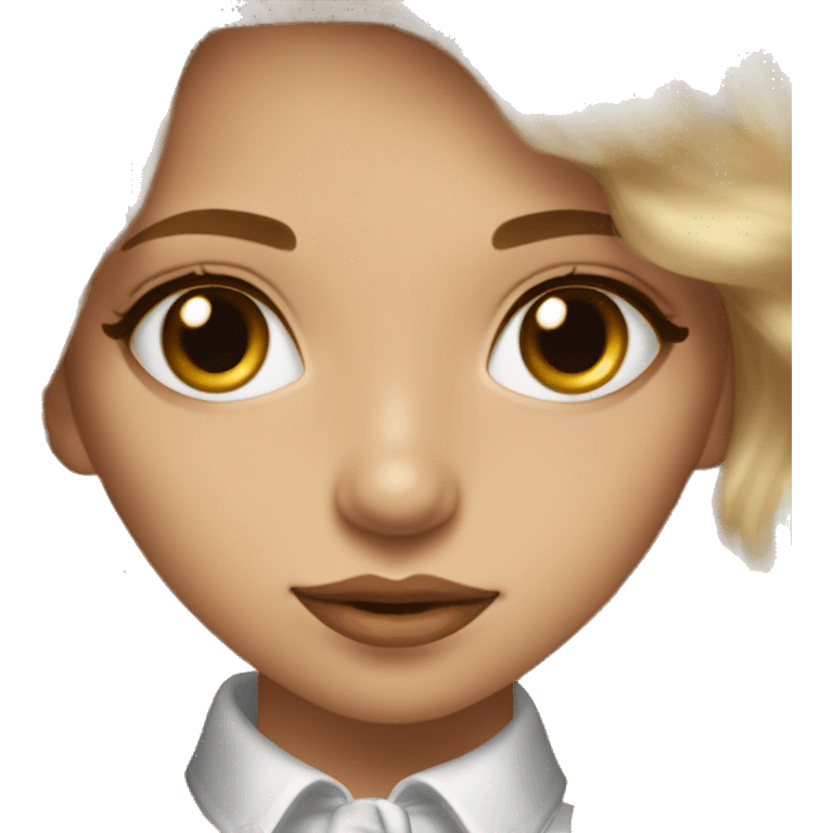 dirty blonde girl, with honey brown eyes, cute, soft, lucious hair, light skin, very beautiful, elegant, with makeup,  emoji