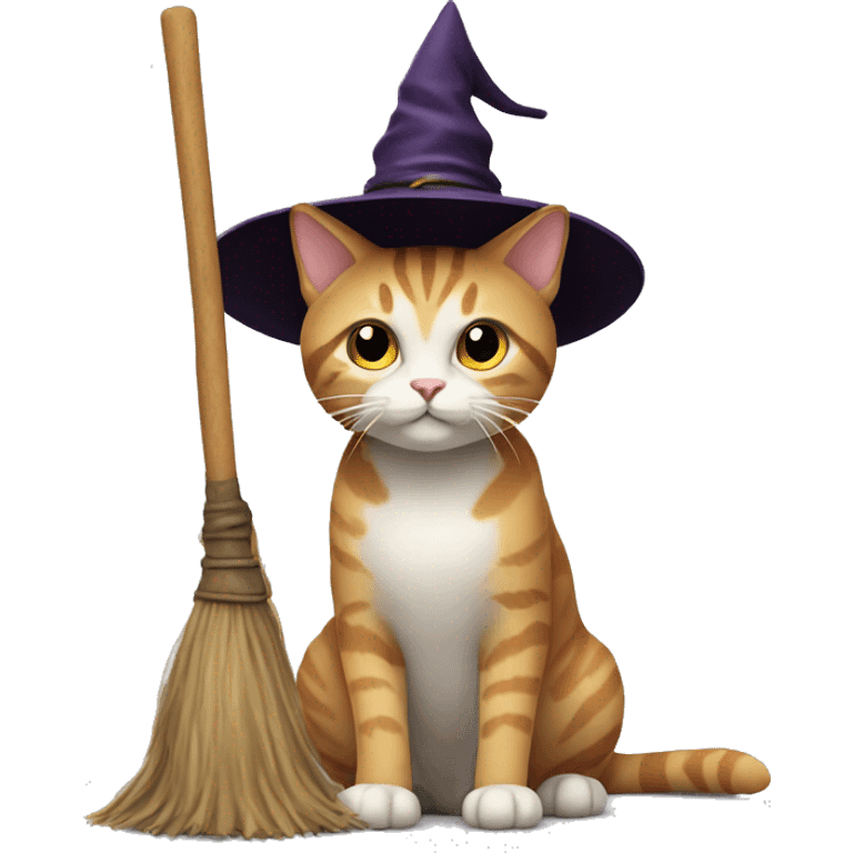 cat with witch hat and a broomstick emoji