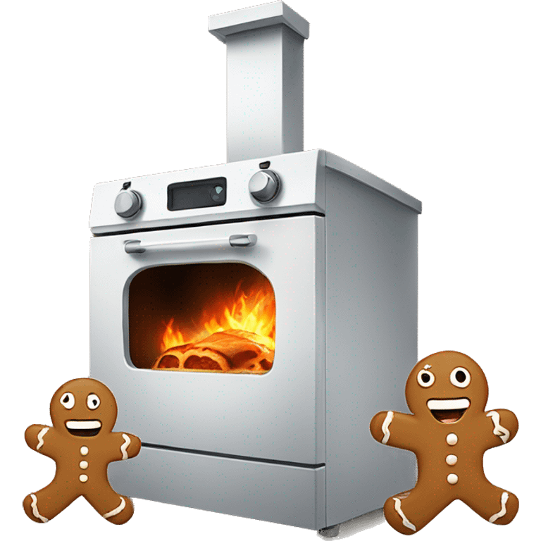 Oven with scared gingerbread man running away emoji