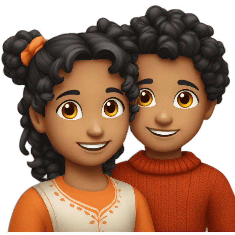 smiling 3 years old indian girl with black curly hair in pigtails wearing a orange dress with a smiling 3 years old indian boy with black hair wearing a dark red sweater emoji