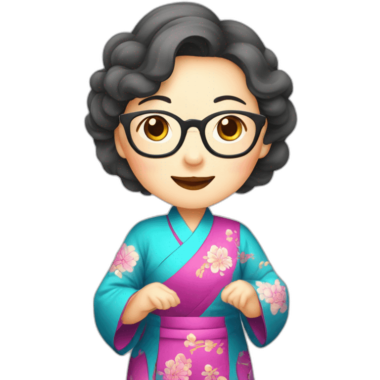 Chinese seniors lady wear glasses has wavy long hair wear Chinese traditional dress show appreciation sign emoji