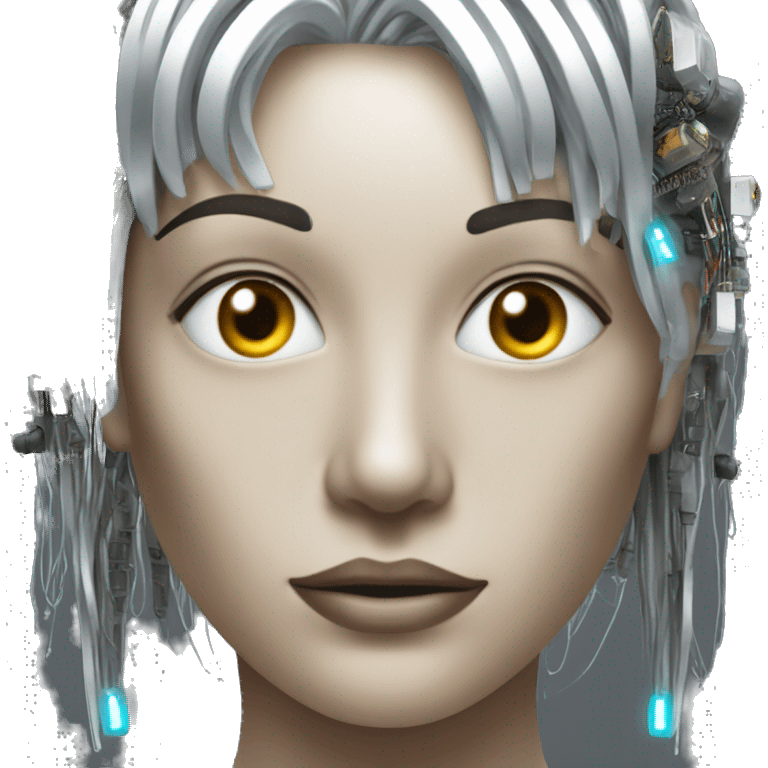 Silver hair female cyborg head with mask and circuits emoji