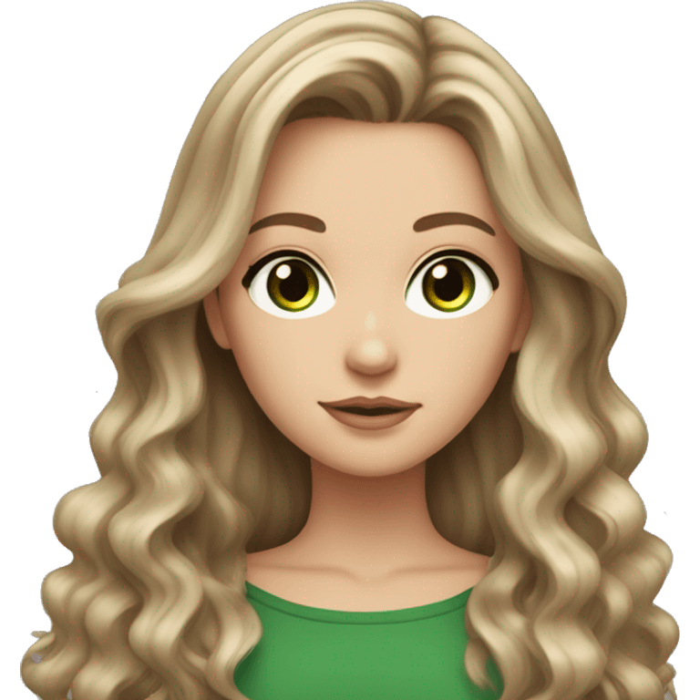 White girl with long voluminous brown hair with blonde highlights balayage and green eyes emoji