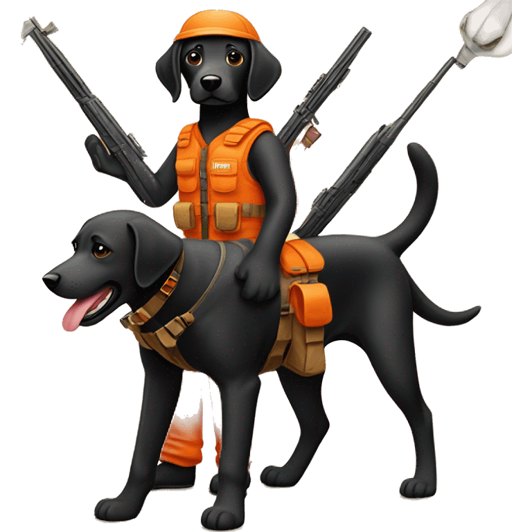 Dark Black lab in orange hunting gear holding rifle emoji