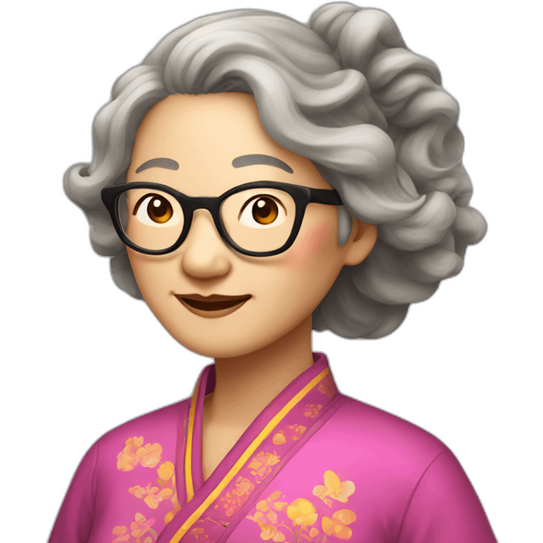 Chinese senior lady with long wavy hair to the shoulder length wear glasses dress colorful Chinese clothes emoji