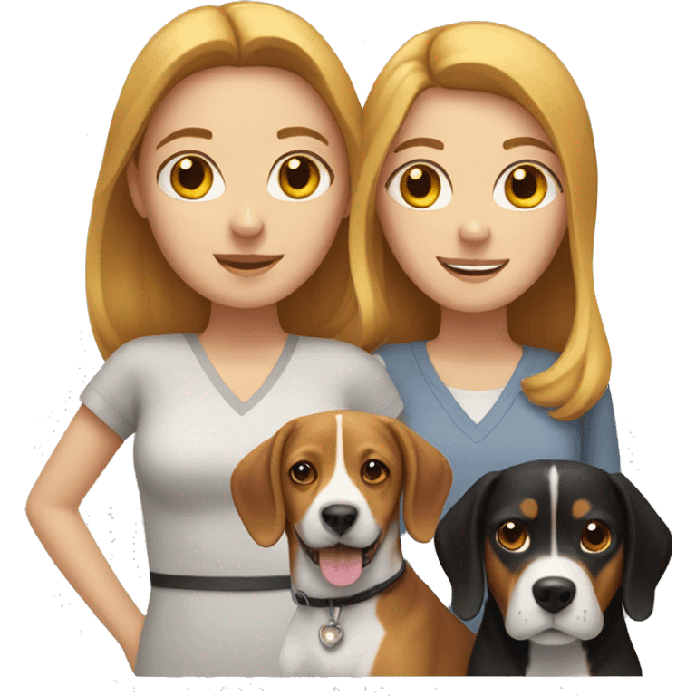 two white women couple, with one beagle dog, three cats emoji