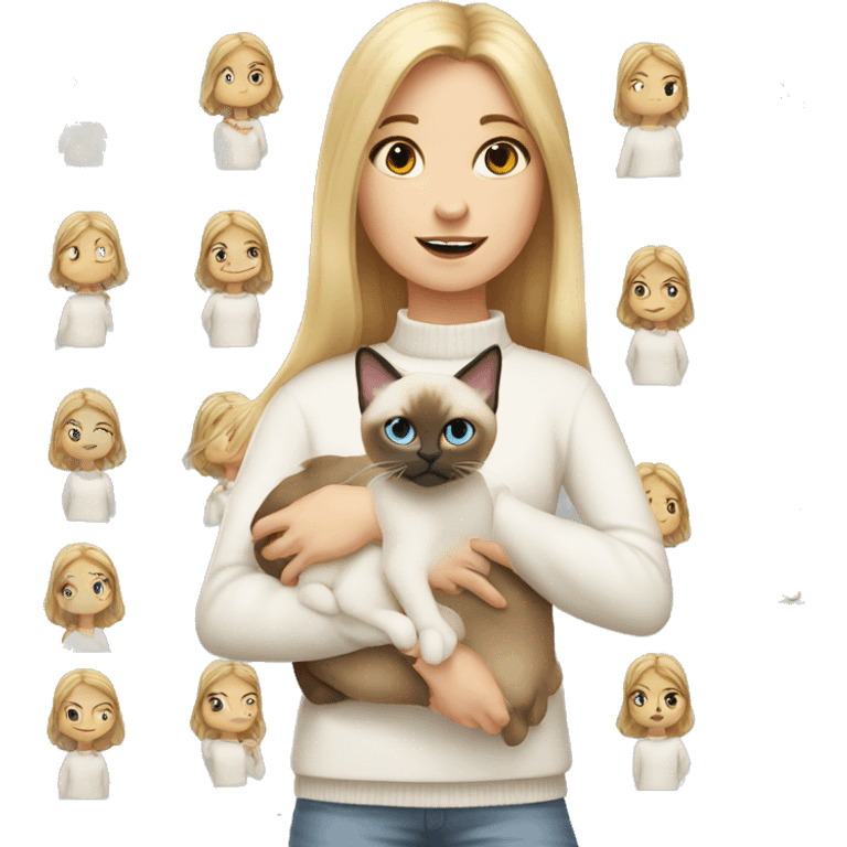 A girl with blond hair in a white sweater is holding a Siamese cat in her arms emoji