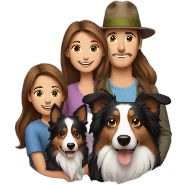 family group consisting of man in hat and woman with long hair in ponytail and small border collie dog emoji