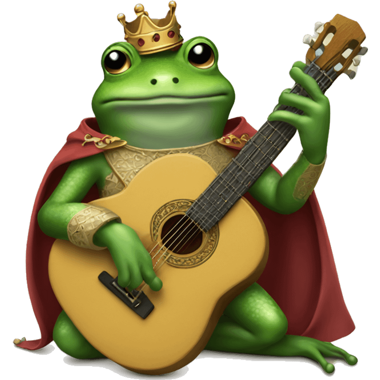 A medieval anthropomorphic frog playing a guitar and dressed as a prince emoji