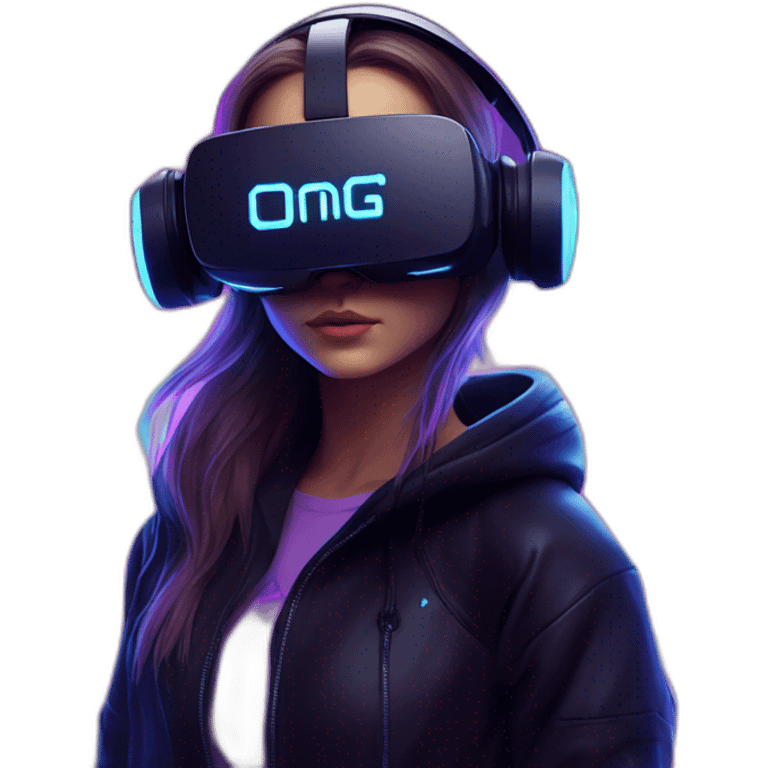 Russian girl wearing a black hoodie with "OMG" letters on it and VR headset in a cyberpunk VR environment with violet neon lighting. emoji