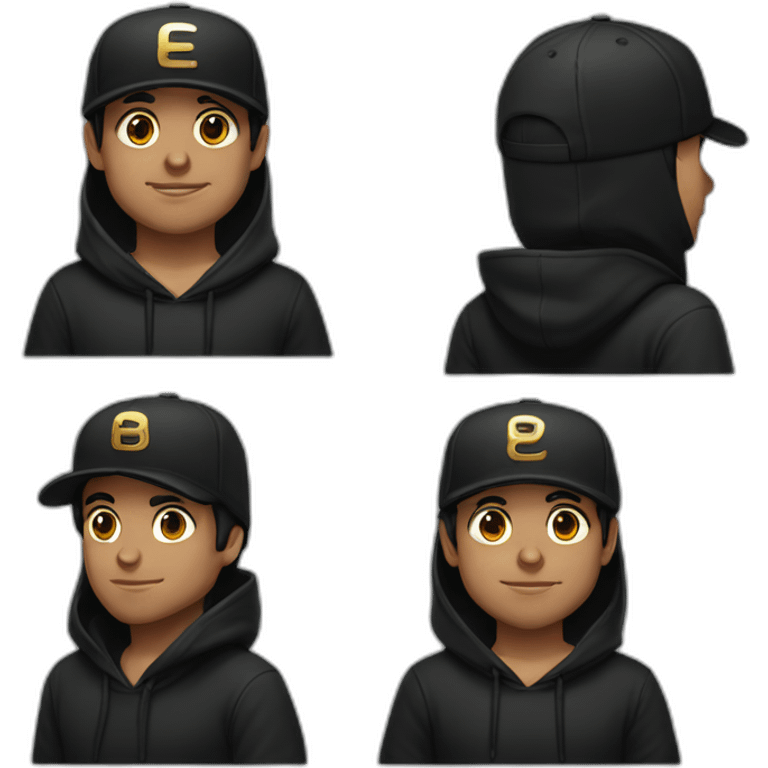 Man with dark brown hair and black cap, and dark hoodie with gold text emoji