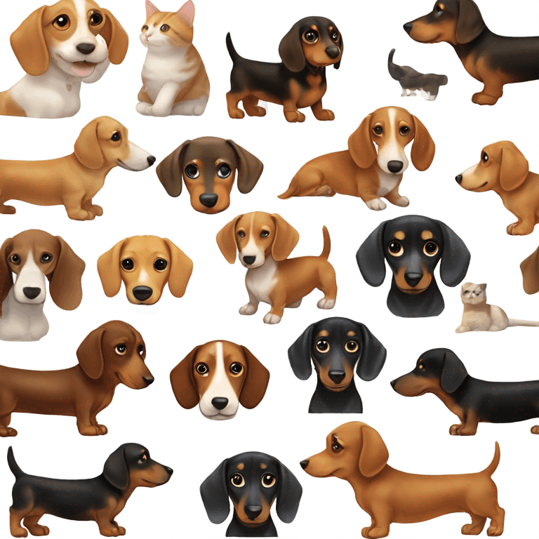 Dachshund, lemon beagle, brown Dashchund, cream fluffy cat, black short hair cat all sitting together  emoji