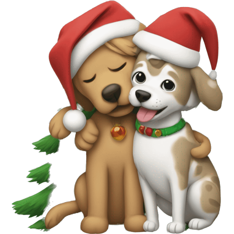 Dog and cat hugging under a Christmas tree emoji