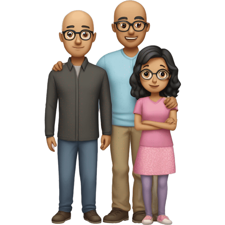 south asian family consisting of 1 bald dad with glasses, mum with glasses and short hair, 25 year old girl with long hair, 22 year old boy  emoji