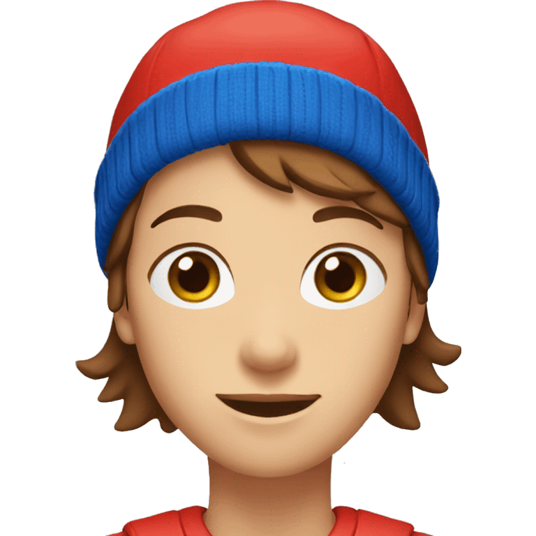 brown short hair, blue eyes wearing red beanie emoji