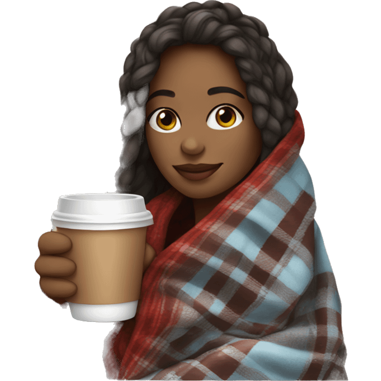 Beautiful girl wrapped in cozy plaid blanket drinking coffee emoji