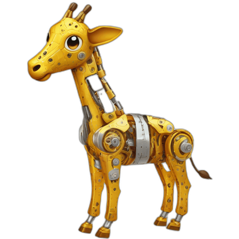 Una girafa robotica con patrones de circuitos brillantes en su piel, piernas con juntas móviles y piezas de metal relucientes emoji