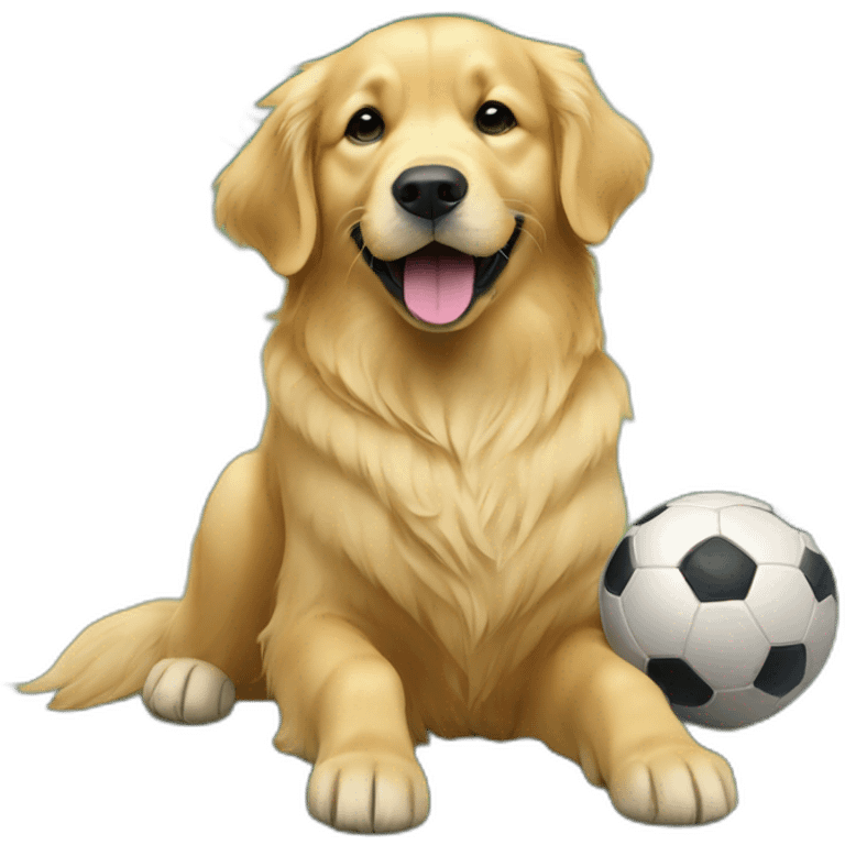 A golden retriever named Enzo playing with a soccer ball emoji