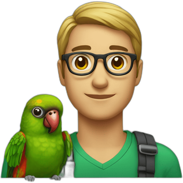 man with glasses and a green cheeked conure on his shoulder emoji