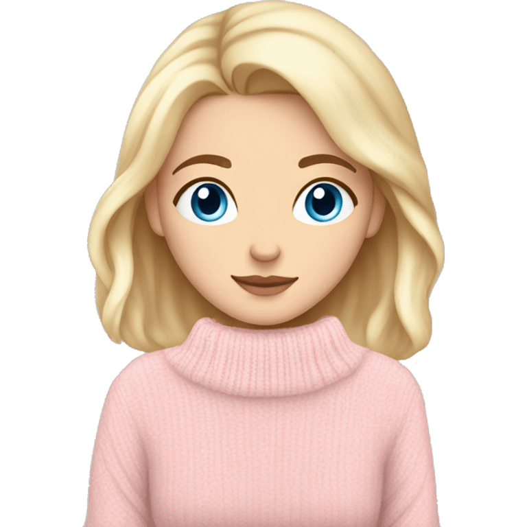 Pretty blue eyed white girl with light pink sweater reading cozy emoji