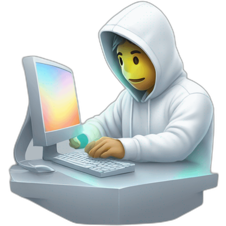 developer using white hoodie at computer liquid iridescent light emoji