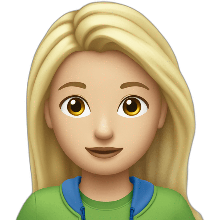 Een meisje met lang steil blond haar een groene trui en een blauwe cargo broek en witte nike emoji