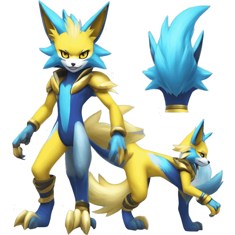 Shiny Colorful Anthro Edgy Cool Sonic-Zeraora-Renamon-Pokémon-Fakémon with shiny blue markings Full Body Detailed High Quality  emoji