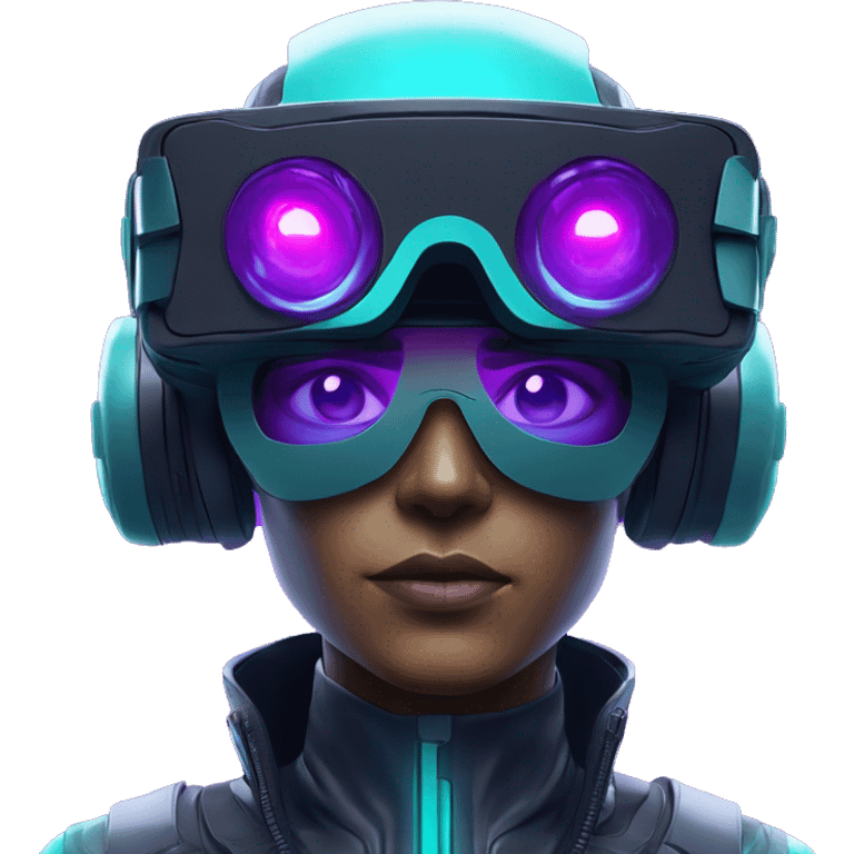 Secret human agent in a futuristic hat with in Apple VR goggles headset code display on the goggles , cyberpunk, cyan and purple colors, only upper body portrait, front facing the camera  emoji